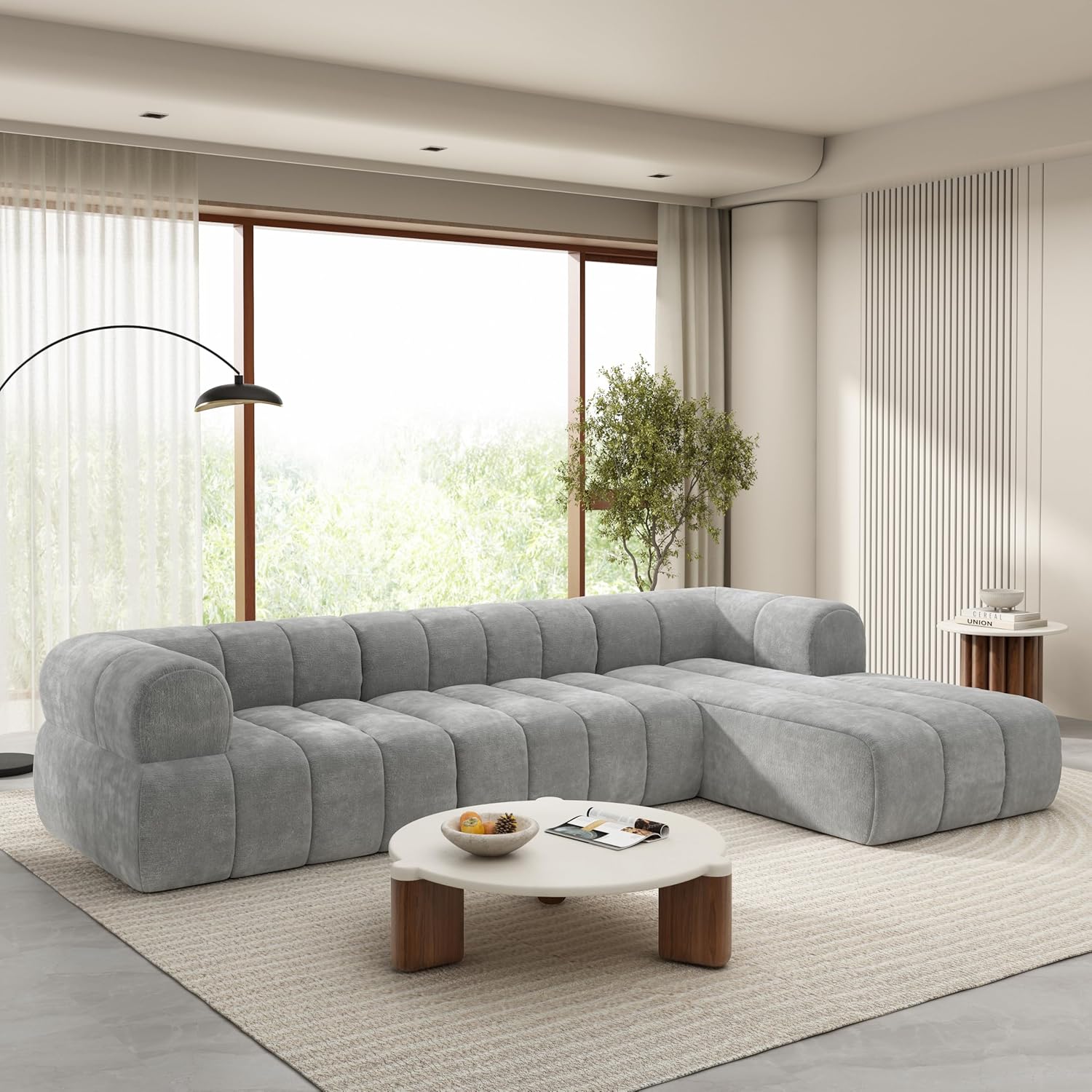 Christopher Knight Home Mania 122' Modular L-Shape Sofa Couch with Chaise Lounge, Modern Sectional Sofa Set for Living Room, Boucle Fabric Upholstered Cloud Couch with Deep Seat, Gray