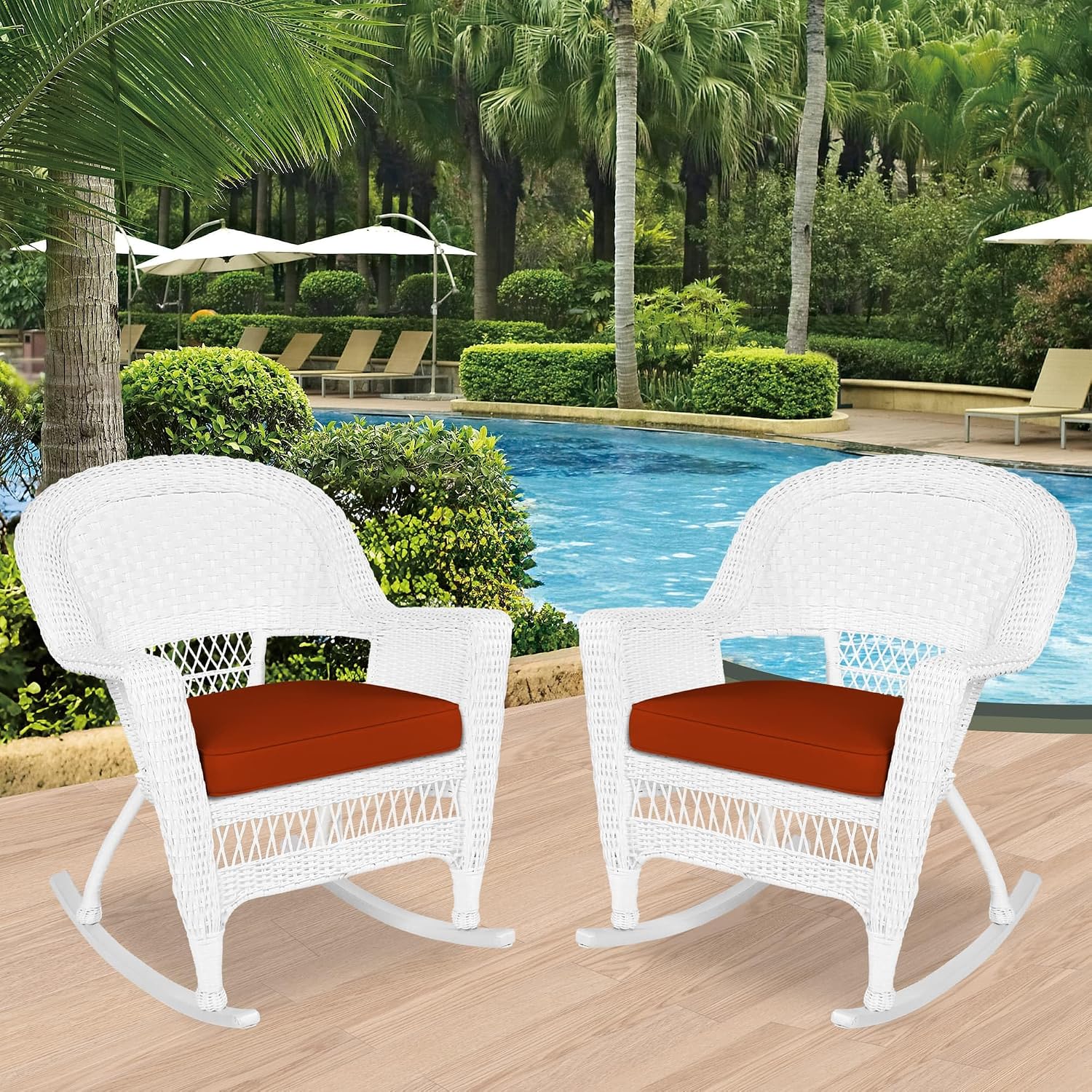 Jeco Rocker Wicker Chair with Red Cushion, Set of 2, White