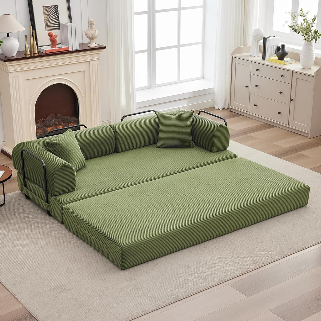 GarveeHome 79' Convertible Sleeper Sofa Bed Couch, 4-in-1 Boneless Corduroy Folding Sofa Bed with Pillow & Fixed-Shape, Floor Mattress Couch Loveseat for Living Room Apartments - No Assembly, Green