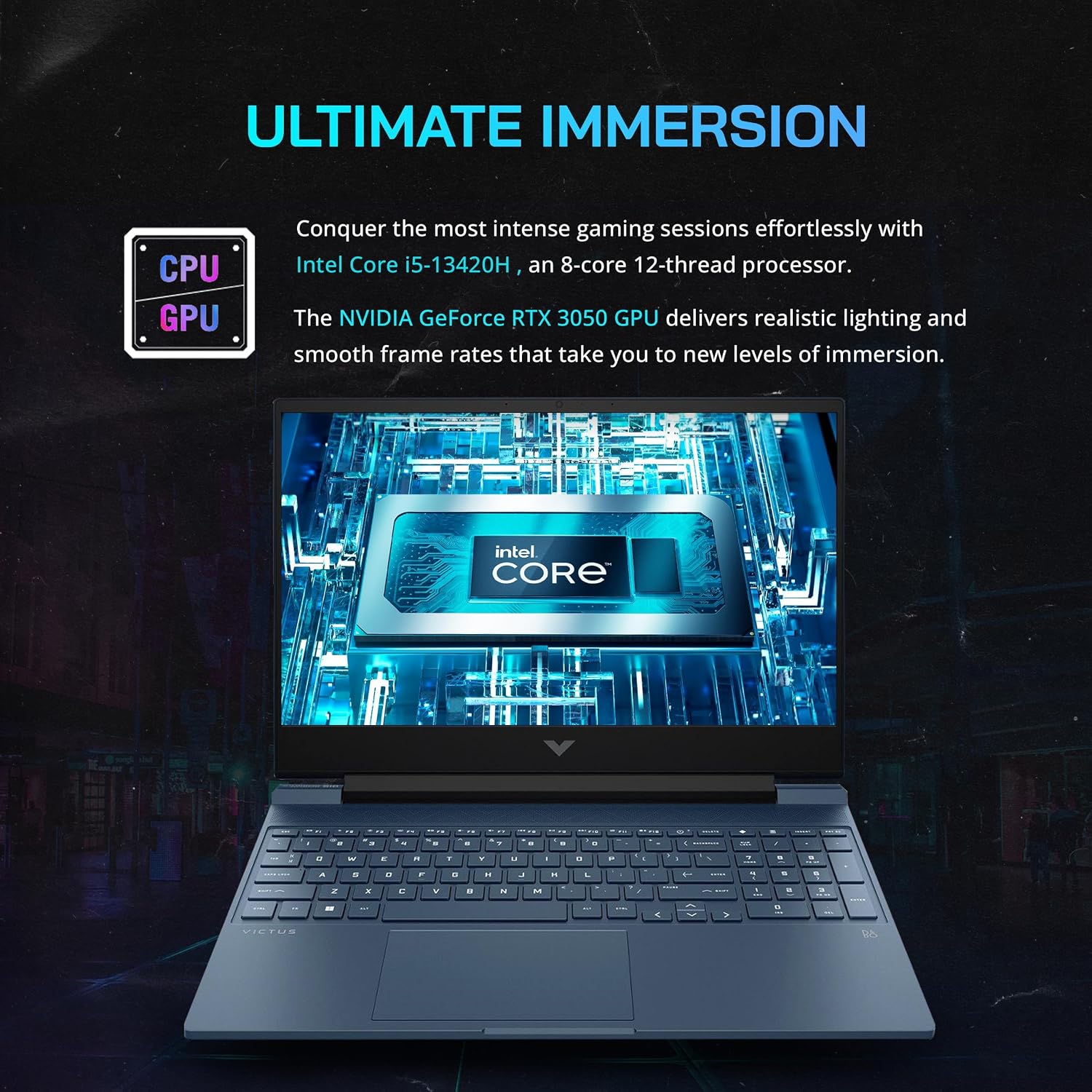 HP Victus Gaming Laptop, 15.6' FHD 144Hz IPS Display, Intel Core i5-13420H, 16GB RAM, 512GB PCIe SSD, NVIDIA GeForce RTX 3050, Backlit Keyboard, Wi-Fi 6, Win 11 Pro, Blue, 32GB Hotface USB Card