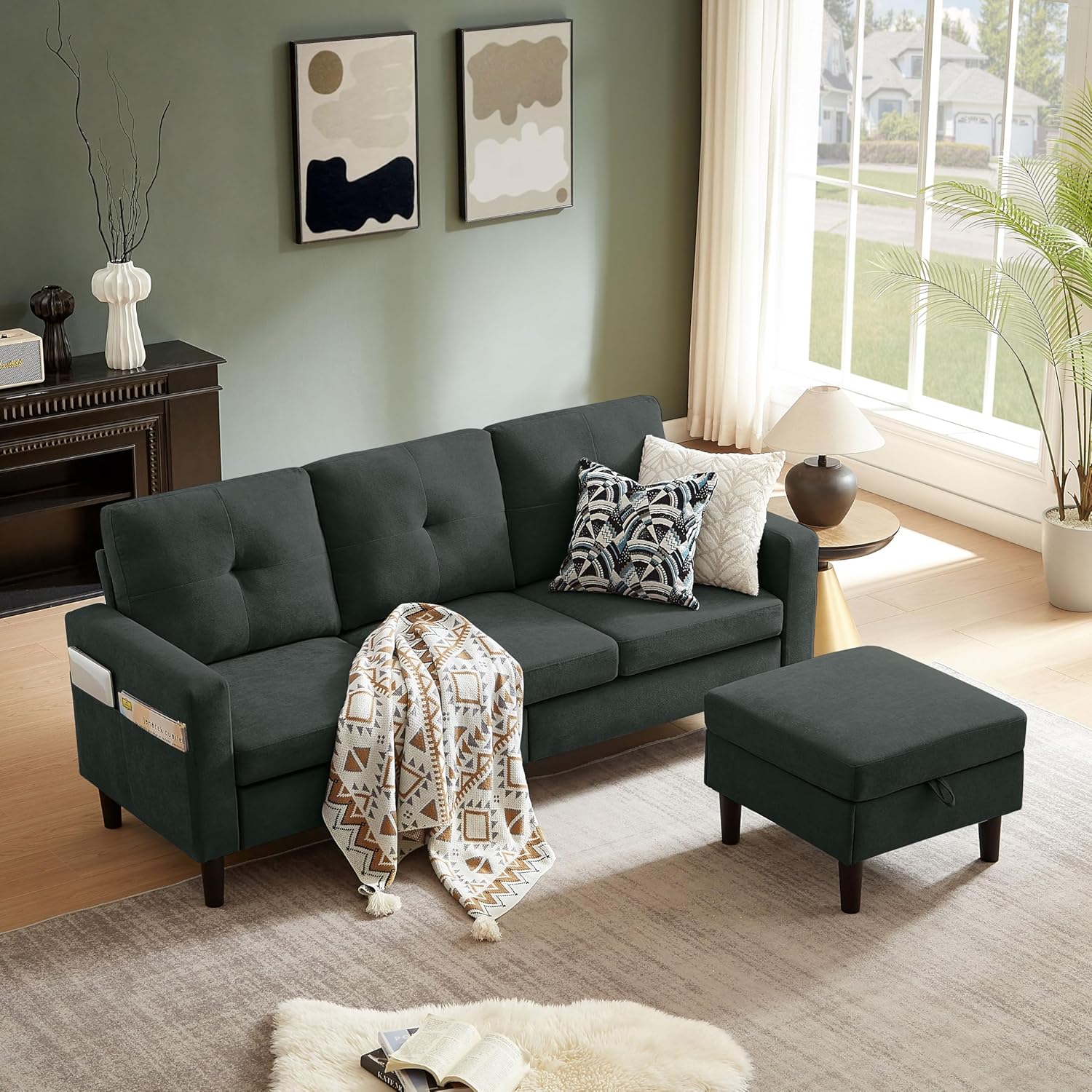 80' Convertible Sectional Sofa Couch with Movable Ottoman, 3 Seats Sectional Sofas L Shaped Couch for Small Spaces, Soft Fabric Couch for Living Room (Black)
