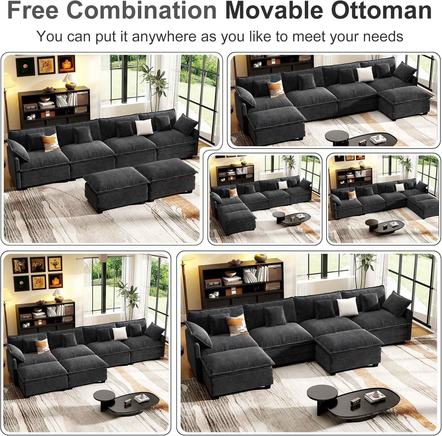 146' Cloud Couch Sectional, U Shaped Modular Sectional Sofa, 4-Seat Deep Seat Couch with 6 Removable Washable Pillows and 2 Ottoman for Living Room, Bedroom, Apartment, Black