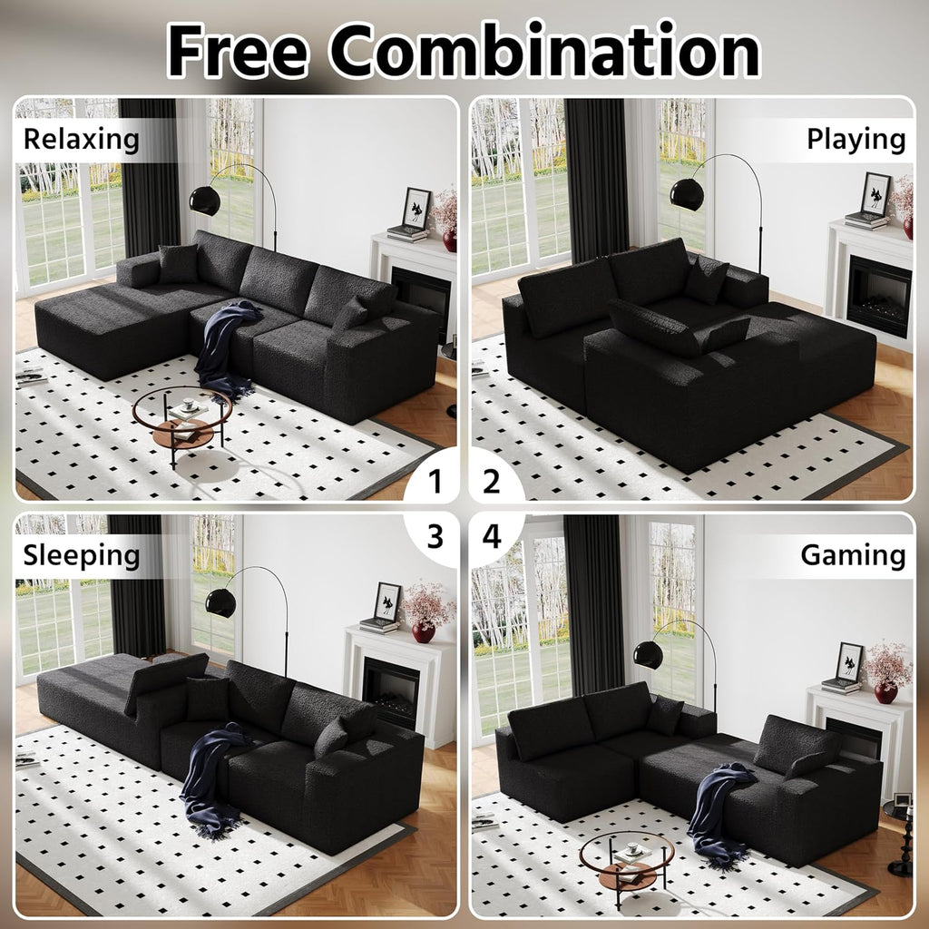 108' Cloud Modular Sectional Couch with L-Shape Chaise, Modern Sectional Sofa with Deep Seat Couch, Ultra Soft Knit Fabric Couches for Living Room, No Assembly Required, Left Facing Chaise (Black)