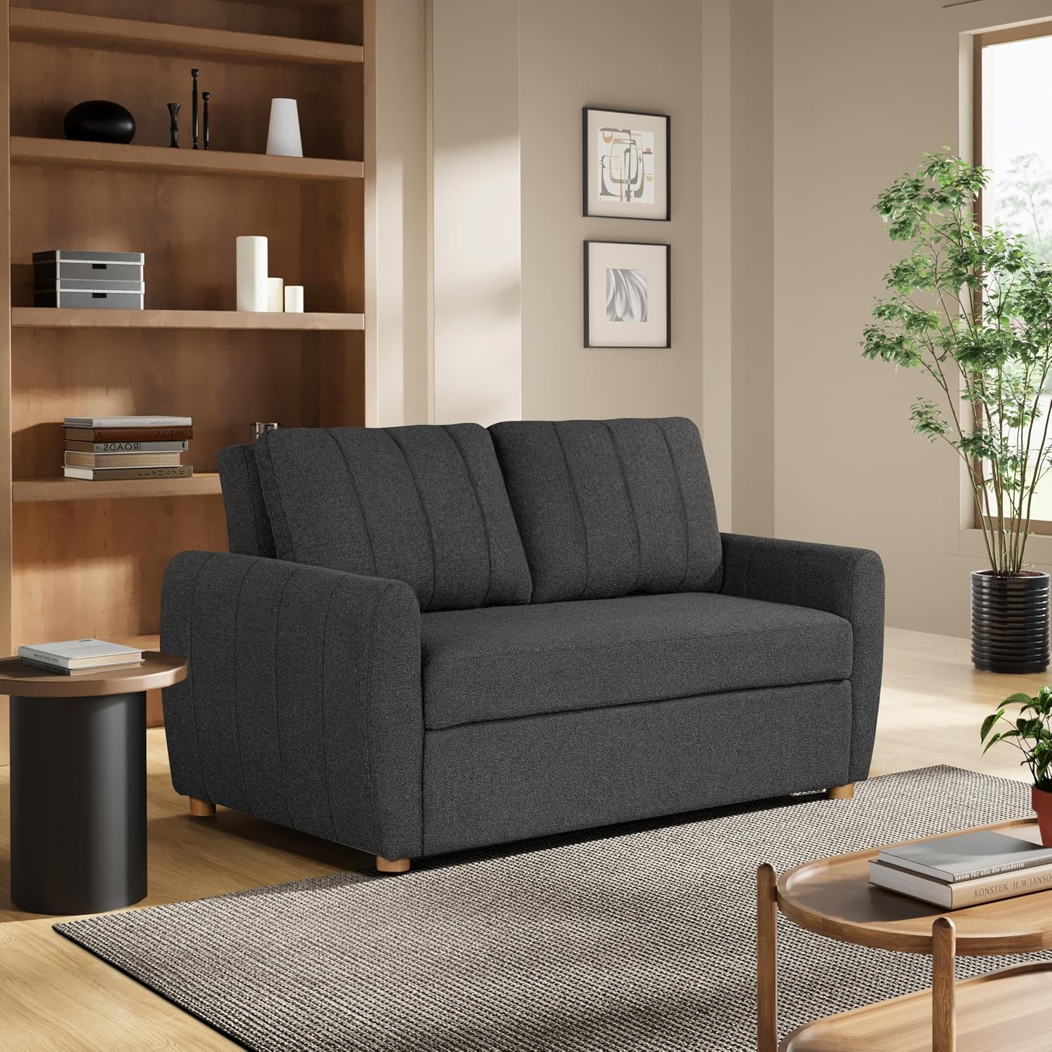 Serta Galway 66.5' Convertible Sleeper Loveseat, Full Size, Dreamcoil Comfort, FingerGuard Pinch Point Protection, Boucle Fabric, Charcoal