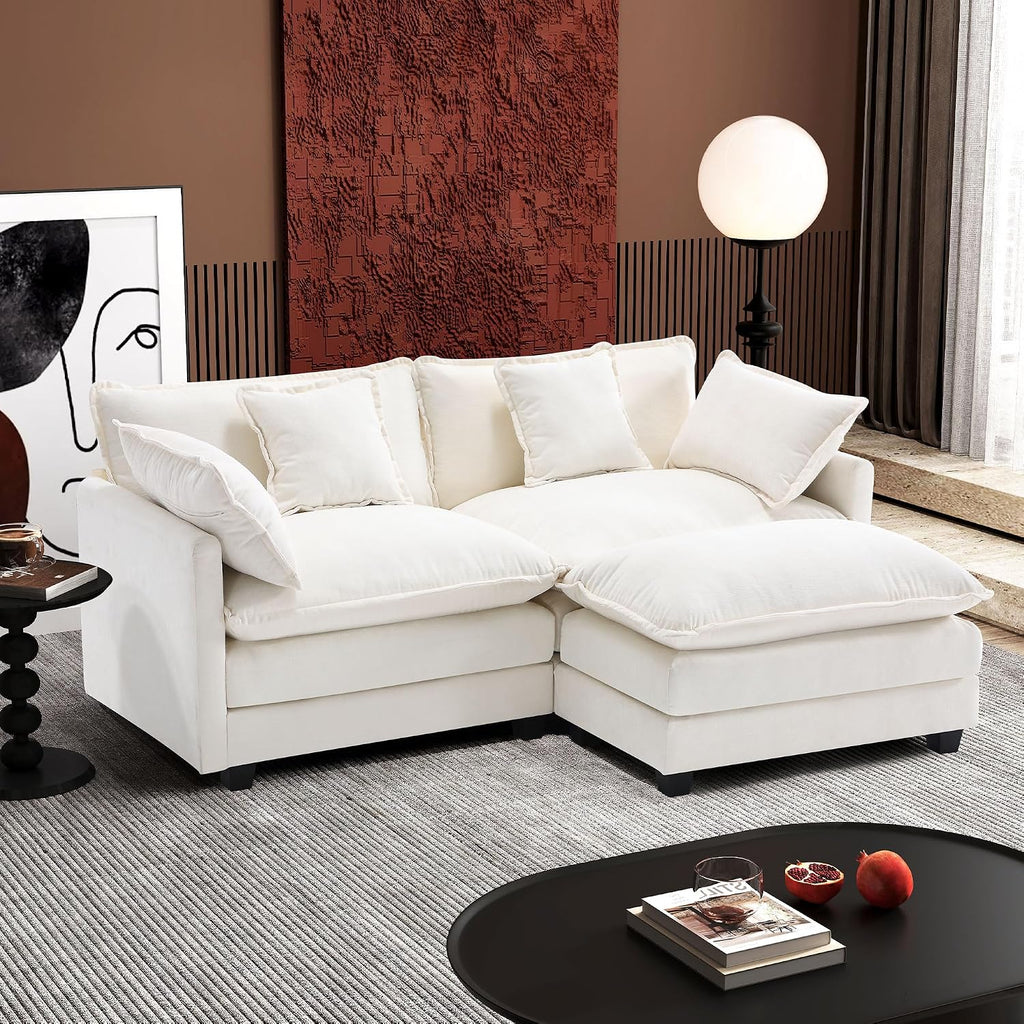 Ihanherry 77' L Shaped Modern Sofa Modular Sectional Cloud Couch with Ottoman, 3-Seat Chenille Deep Seat Sofa with Pillow for Living Room, Bedroom and Apartment, Beige