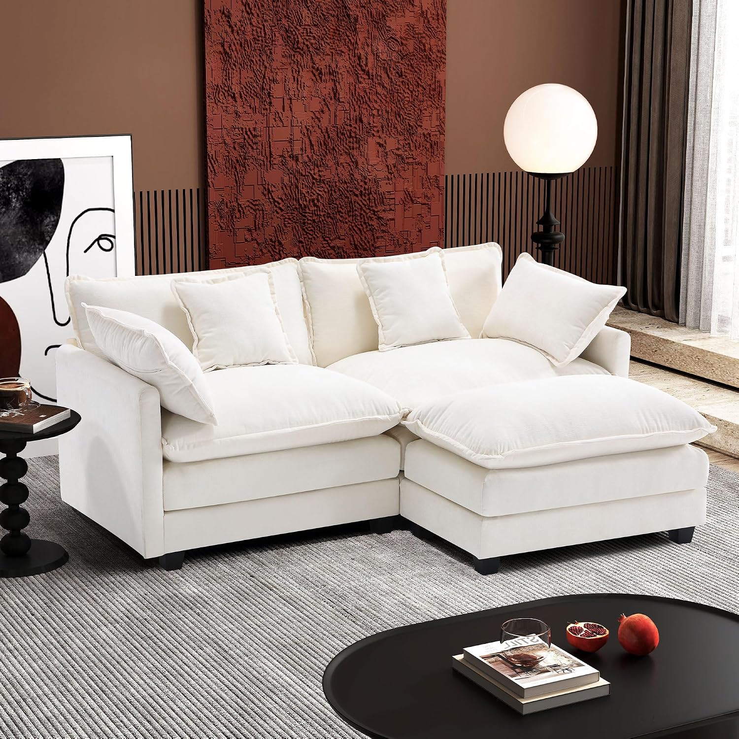 Ihanherry 77' L Shaped Modern Sofa Modular Sectional Cloud Couch with Ottoman, 3-Seat Chenille Deep Seat Sofa with Pillow for Living Room, Bedroom and Apartment, Beige