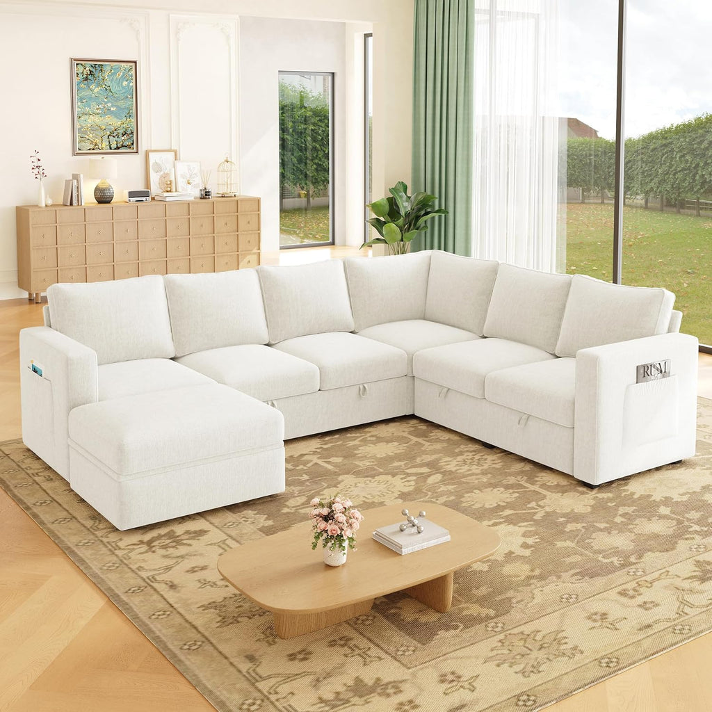 83.5' Sectional Sleeper Sofa with Pull Out Couch, Modern 5 Seat L Shaped Modular Couch, Sectionals Modular Sofa with Storage, Comfy Sectional Couches for Living Room & Apartment, Light Beige