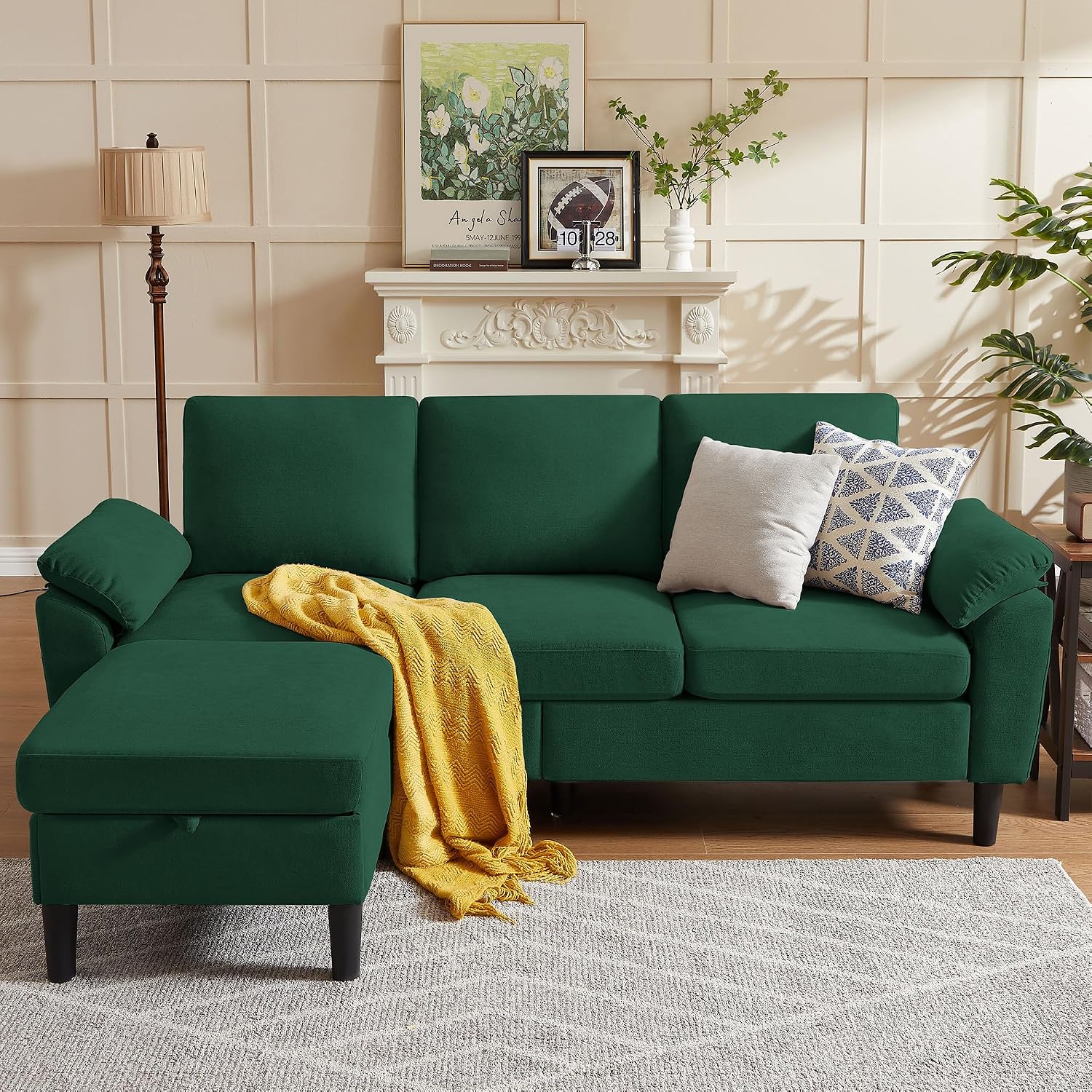 80' Convertible Sectional Sofa, Small L Shaped 3 Seat Couch with Reversible Storage Chaise, Modern Polyester Fabric Sofa Couches for Living Room, Apartment and Small Space, Green