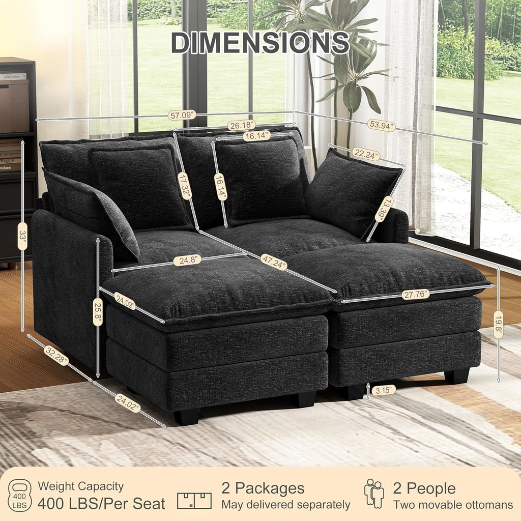 58' Cloud Couch Loveseat, Deep Seat Modular Sectional Sofa with 4 Removable Washable Pillows and 2 Ottoman for Living Room, Bedroom, Apartment, Black