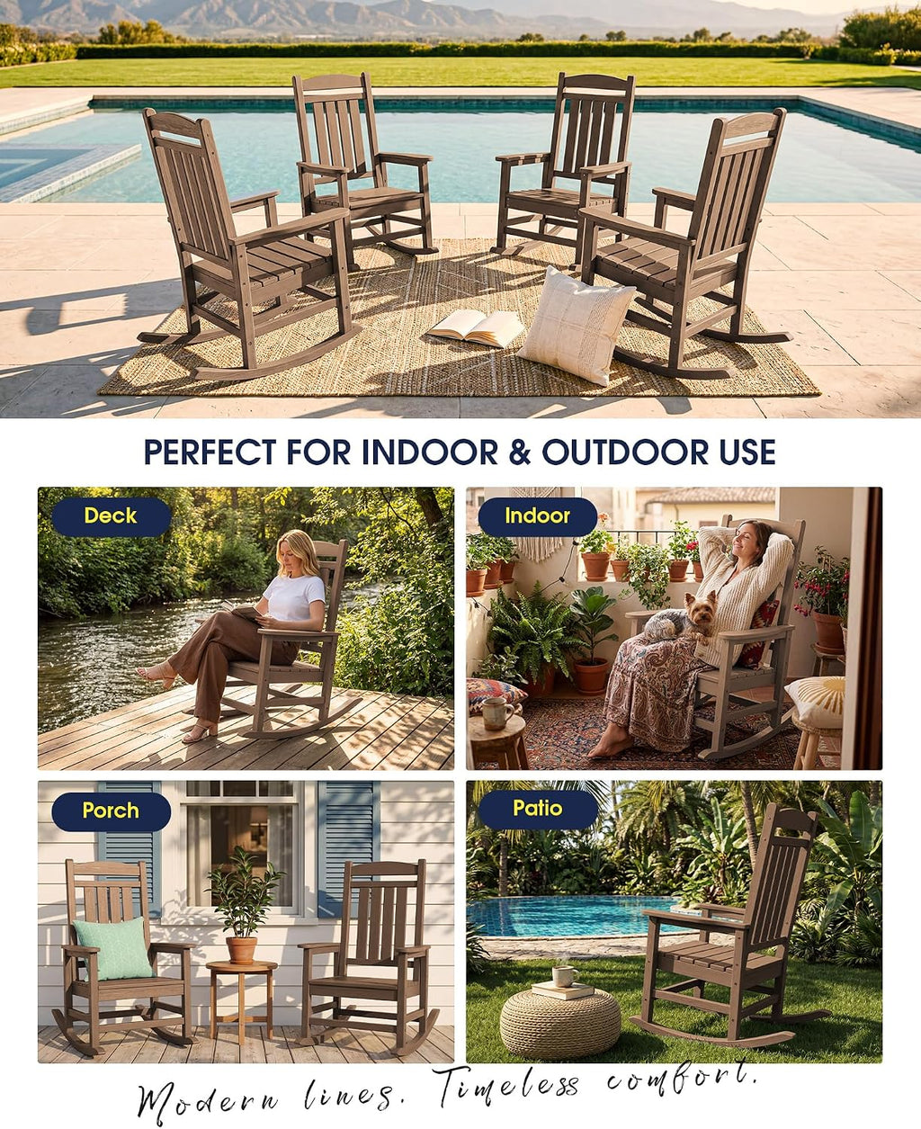 KINGYES Oversized HDPE Rocking Chairs Outdoor, Patio Rocking Chairs with 350lbs Support, Smooth Porch Rocker for Deck Lawn Yard, Brown