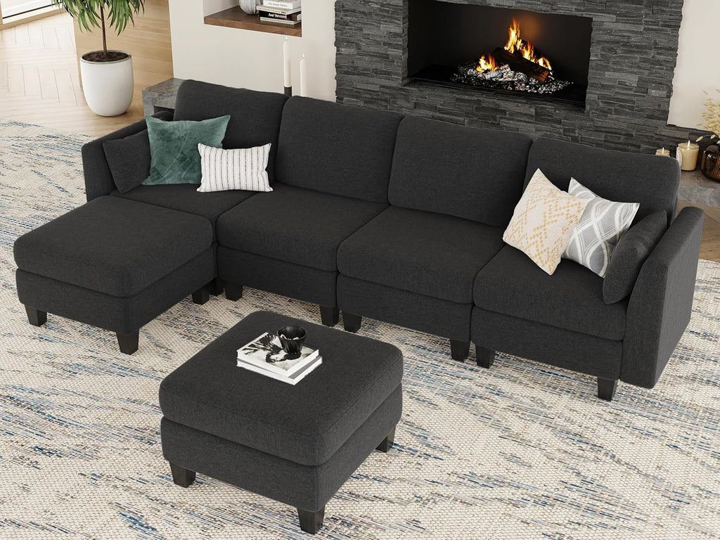 Modular Sectional Sofa, 6 Seaters Modular Sleeper Sofa Couch, Comfy Sectionals Couches Bed, Convertible Sofas with Ottomans, Sectional Couches for Living Room, Black