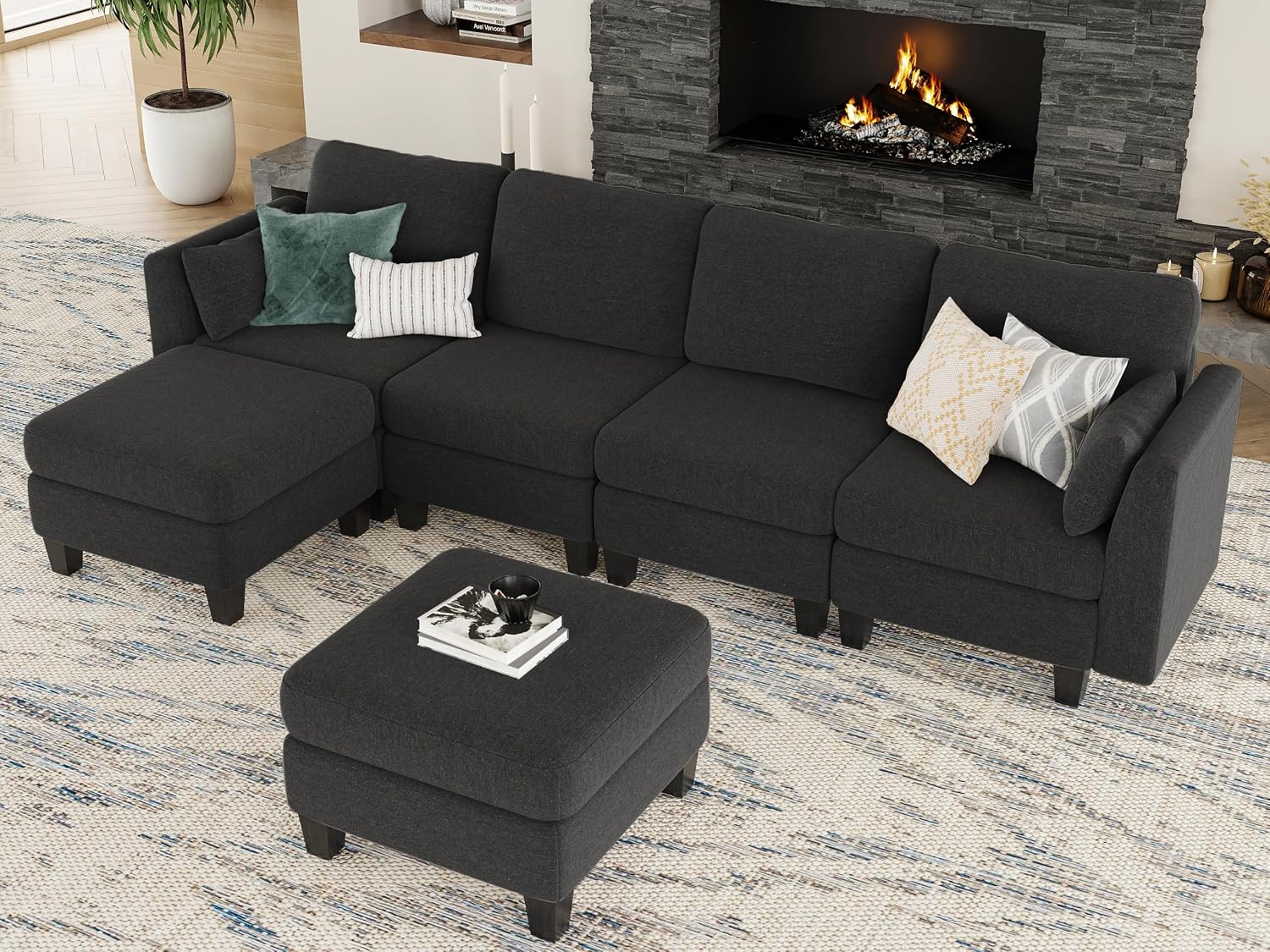 Modular Sectional Sofa, 6 Seaters Modular Sleeper Sofa Couch, Comfy Sectionals Couches Bed, Convertible Sofas with Ottomans, Sectional Couches for Living Room, Black