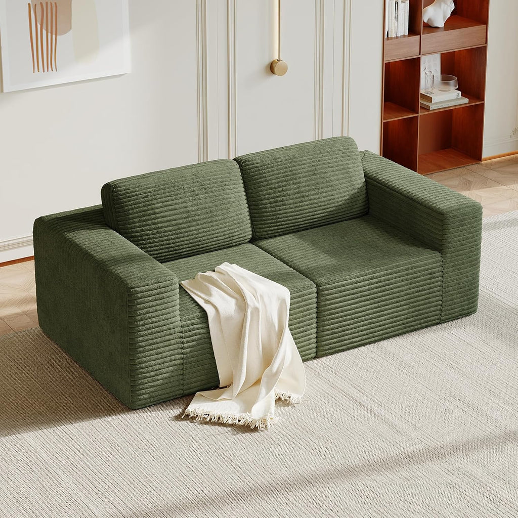 Vesgantti 80' Modular Sectional Sofa, Corduroy Cloud Couch with Deep Seating & Spring Support, 2 Seater Compact Modular Couch, Boneless Sectional Sofa for Small Spaces, No Assembly Required, Green