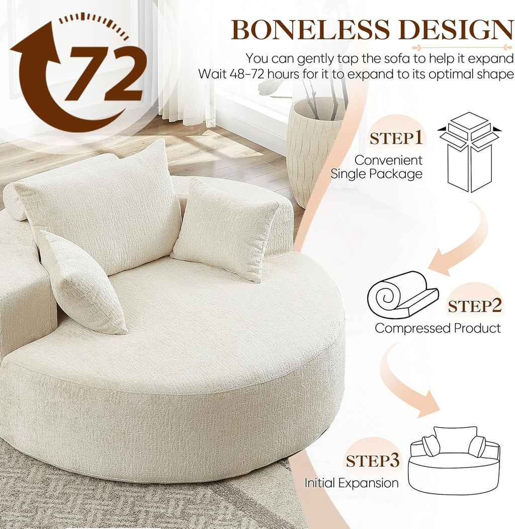 Oversized Round Chaise Longue Chair Indoor, Modern 55-inch Upholstered Chenille Deep Seat Circle Single Cloud Lounge Floor Sofa Chair for Living Room, Bedroom Apartment, Beige