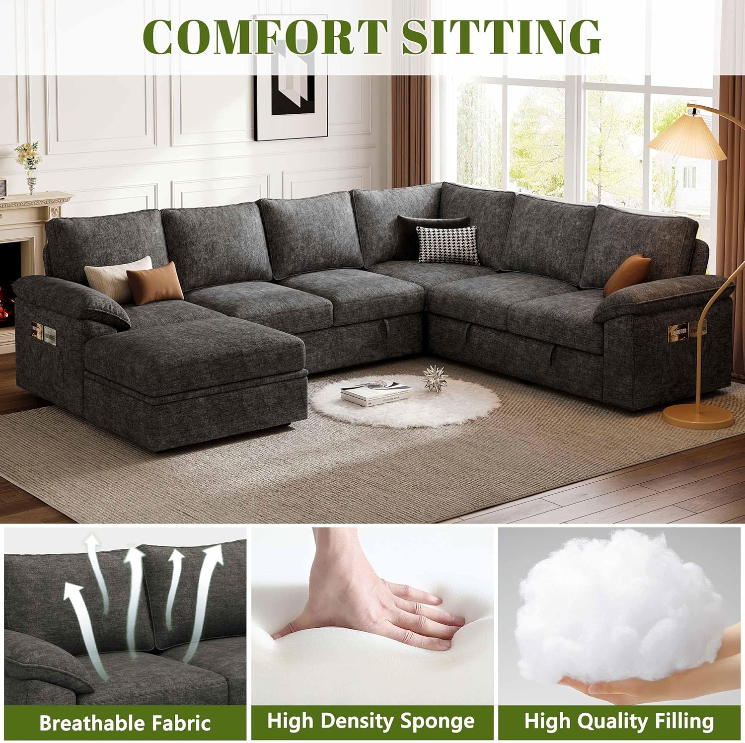 108 Inch Sectional Sleeper Sofa with Pull Out Bed, U Shaped 7 Seat Modular Sectional Sofa with Storage, Sectional Couches for Living Room, Cloud Modular Couch,Removable Sofa Cover, Dark Grey