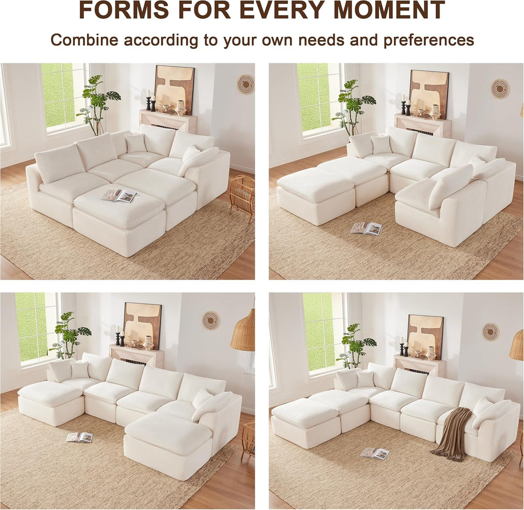 143' Cloud Sectional Couch, Boneless couches for Living Room, U Shaped Couch with Convertible Ottoman, Modular Sectional Sofa with Deep Seat, Comfy Soft Cushions, No Assembly, Beige