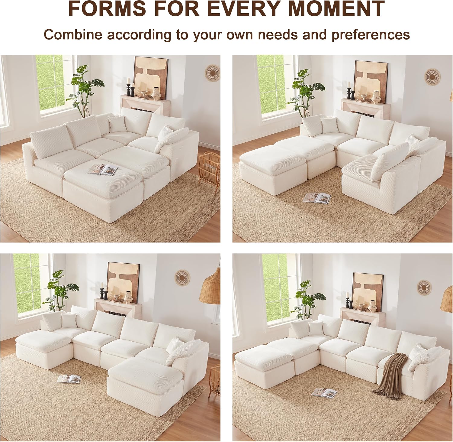 143' Cloud Sectional Couch, Boneless couches for Living Room, U Shaped Couch with Convertible Ottoman, Modular Sectional Sofa with Deep Seat, Comfy Soft Cushions, No Assembly, Beige