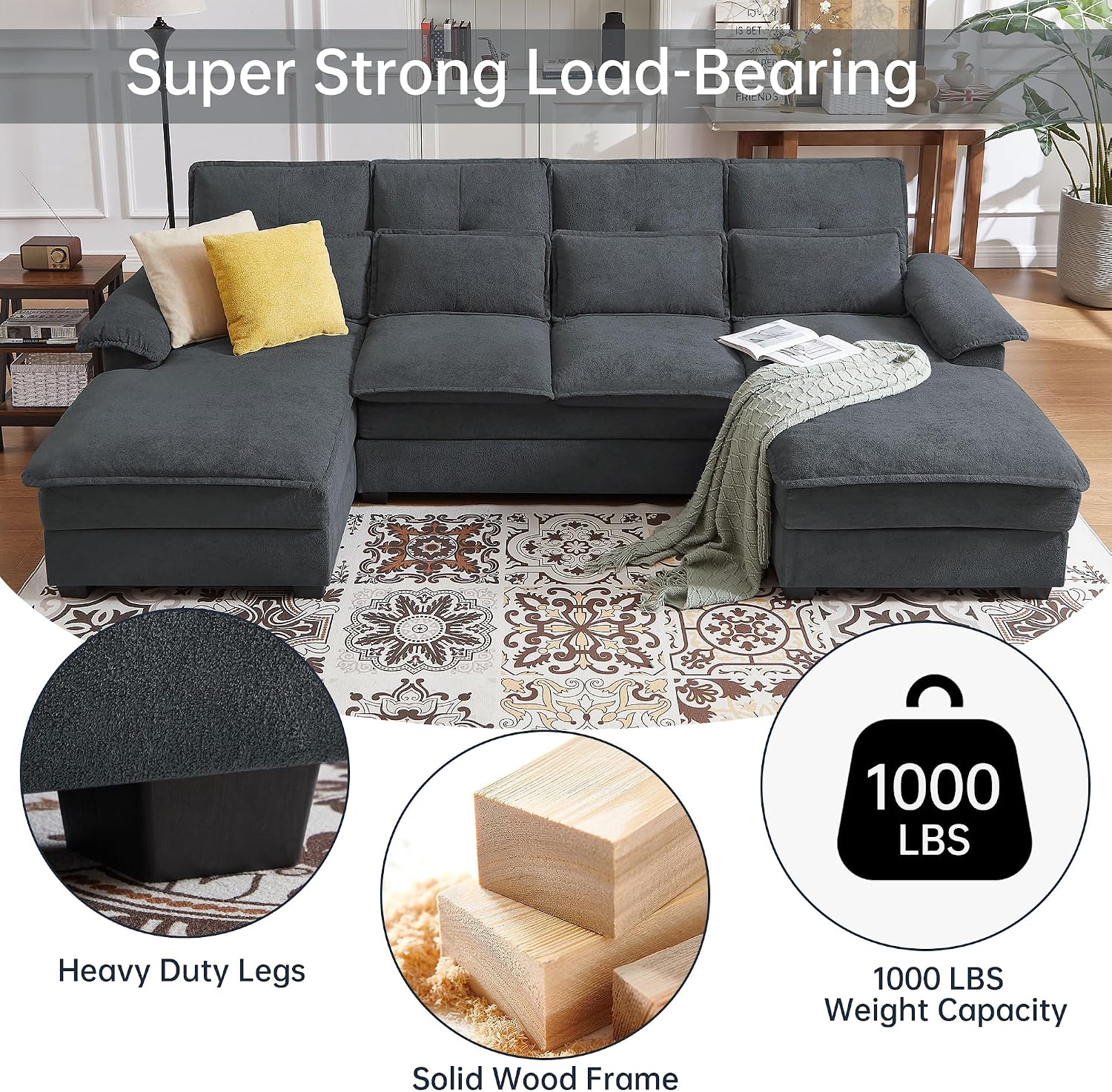 110' Comfy Cloud Couch Sectional Sofa with Lumbar Pillows, Modern U-Shaped Cloud Sofa with Double Chaise & Deep Seat for Living Room, or Office, Easy Assembly, Dark Grey