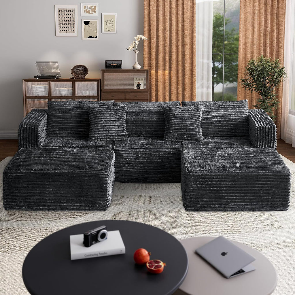 110 Corduroy Modular Sectional Boneless Sofa with 2 Ottomans, Convertible Cloud Couch with Deep Seats, Fluffy Memory Foam U Shaped Couch for Living Room, No Assembly Required (Black)