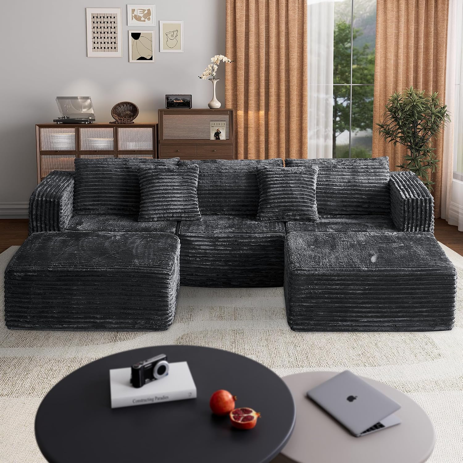 110 Corduroy Modular Sectional Boneless Sofa with 2 Ottomans, Convertible Cloud Couch with Deep Seats, Fluffy Memory Foam U Shaped Couch for Living Room, No Assembly Required (Black)