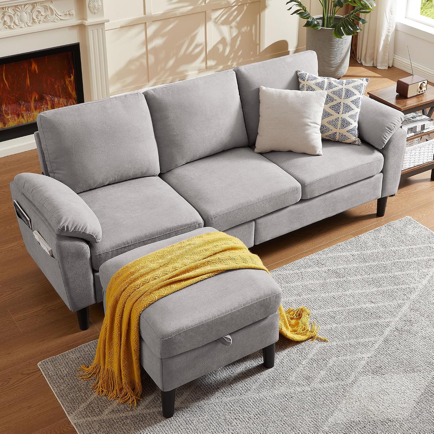 80' Convertible Sectional Sofa, Small L Shaped 3 Seat Couch with Reversible Storage Chaise, Modern Polyester Fabric Sofa Couches for Living Room, Apartment and Small Space, Light Grey