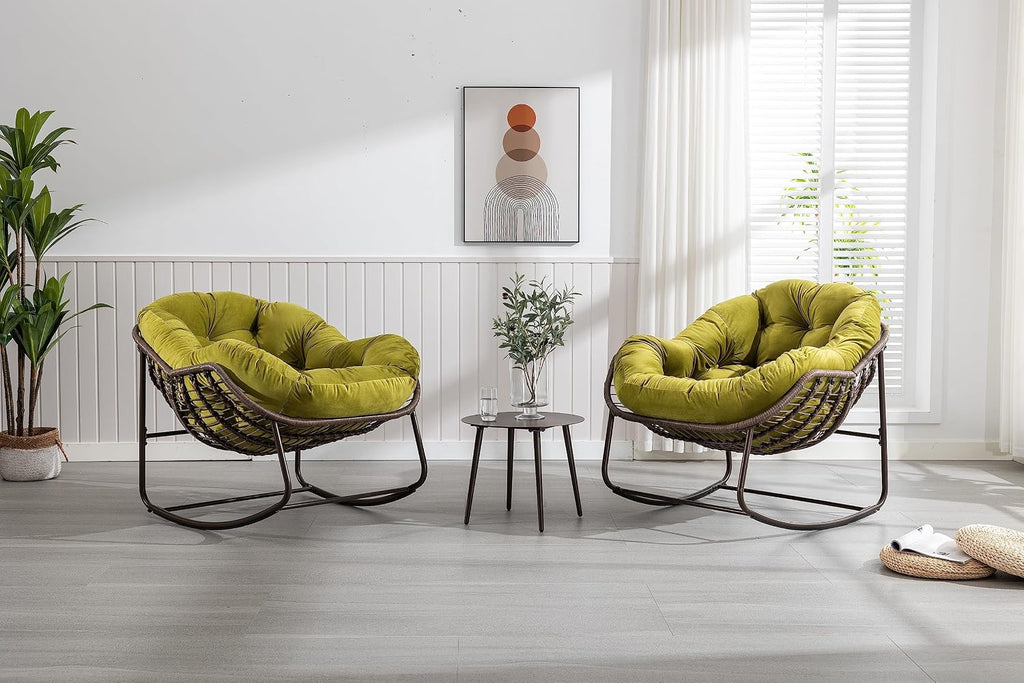 Patio Rocking Chairs, Egg Rocking Chair,Indoor & Outdoor Upholstered Papasan Chairs, Modern Lounge Chair for Balcony,Living Room Patio, Front Porch, Garden(Olive Green)
