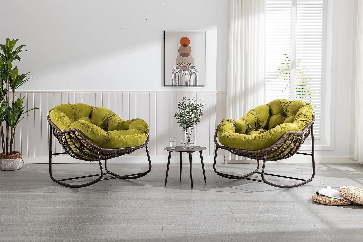 Patio Rocking Chairs, Egg Rocking Chair,Indoor & Outdoor Upholstered Papasan Chairs, Modern Lounge Chair for Balcony,Living Room Patio, Front Porch, Garden(Olive Green)