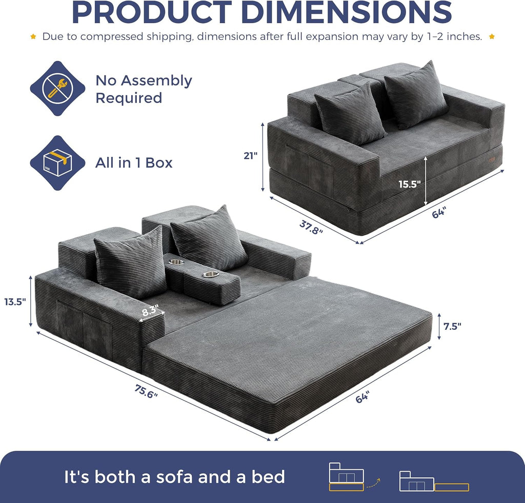 MAXYOYO Loveseat Sofa Bed, 64' Foldable Floor Sofa Couch in A Box with 2 Cup Holders, 4 in 1 Convertible Boneless Couch Folding Recliner Sleeper Chair for Living Room,Charcoal Grey