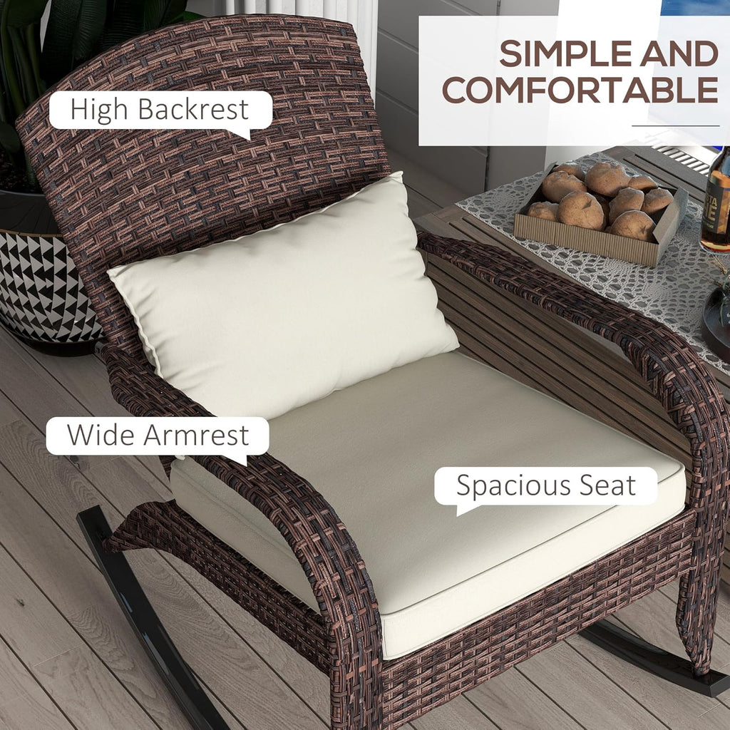 Outsunny Outdoor Wicker Adirondack Rocking Chair, Patio Rattan Rocker Chair with High Back, Seat Cushion, and Pillow for Garden, Porch, Balcony, Cream White