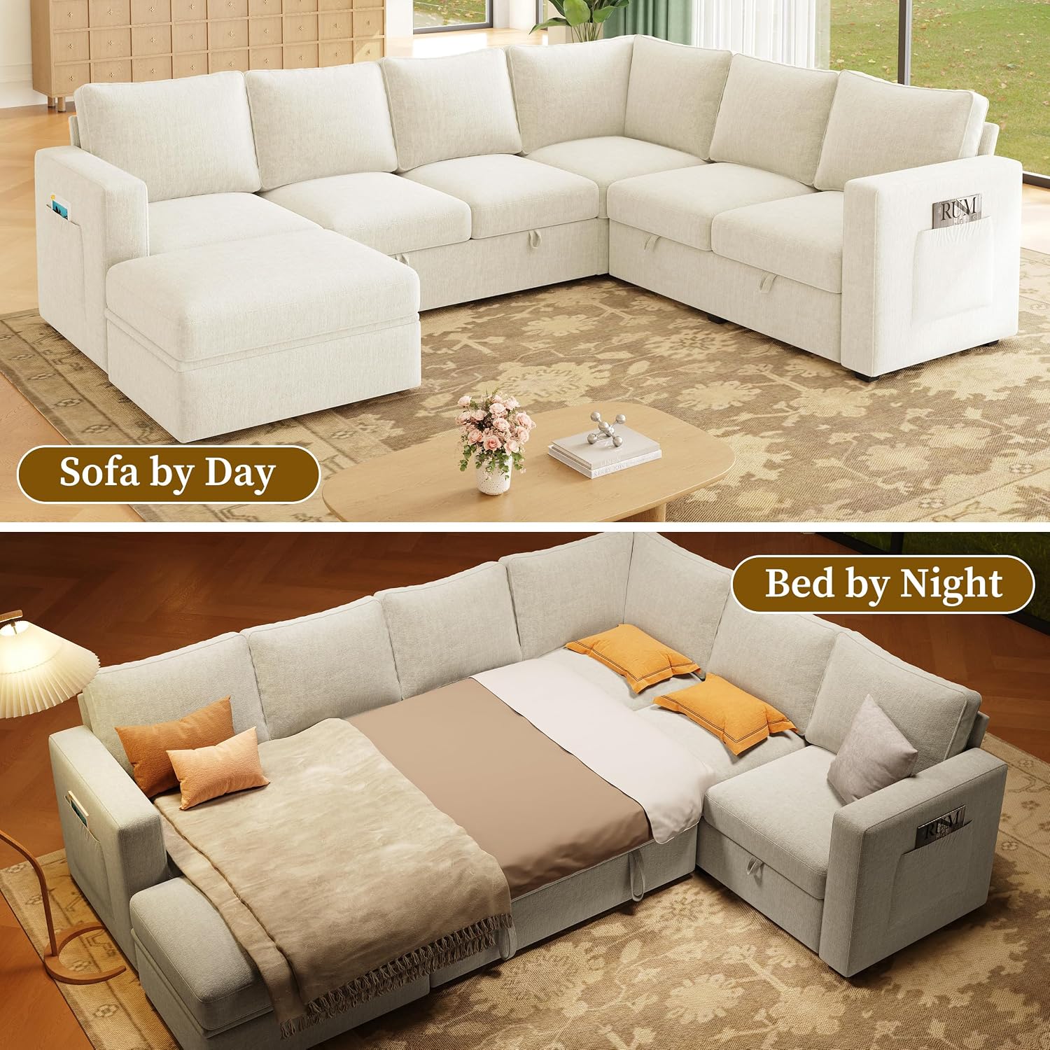 106.7' Sectional Sleeper Sofa with Pull Out Couch, Modern 7 Seat U Shaped Modular Couch, Sectionals Modular Sofa with Storage, Comfy Sectional Couches for Living Room & Apartment, Light Beige