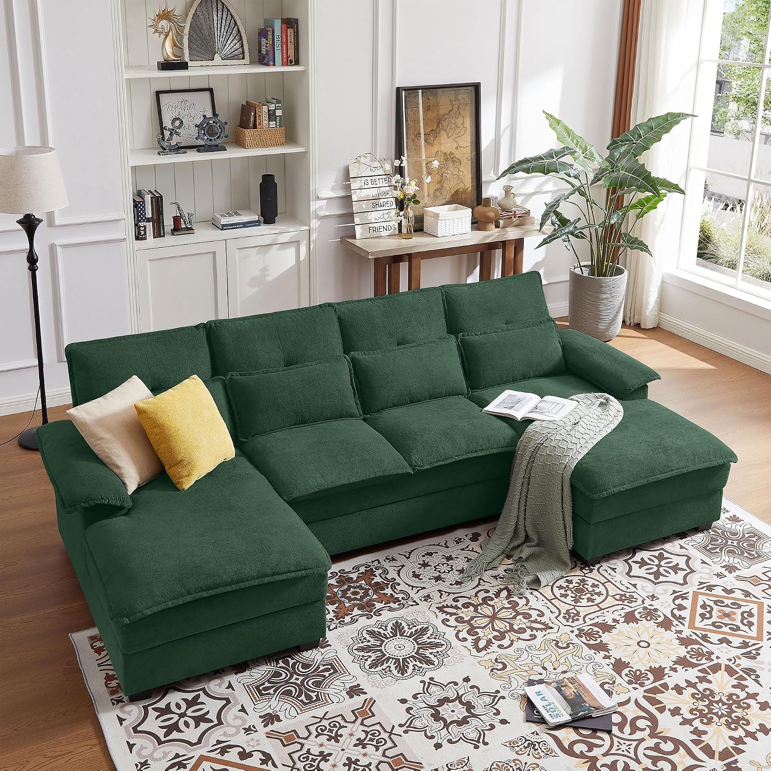 110' Comfy Cloud Couch Sectional Sofa with Lumbar Pillows, Modern U-Shaped Cloud Sofa with Double Chaise & Deep Seat for Living Room, or Office, Easy Assembly, Dark Green