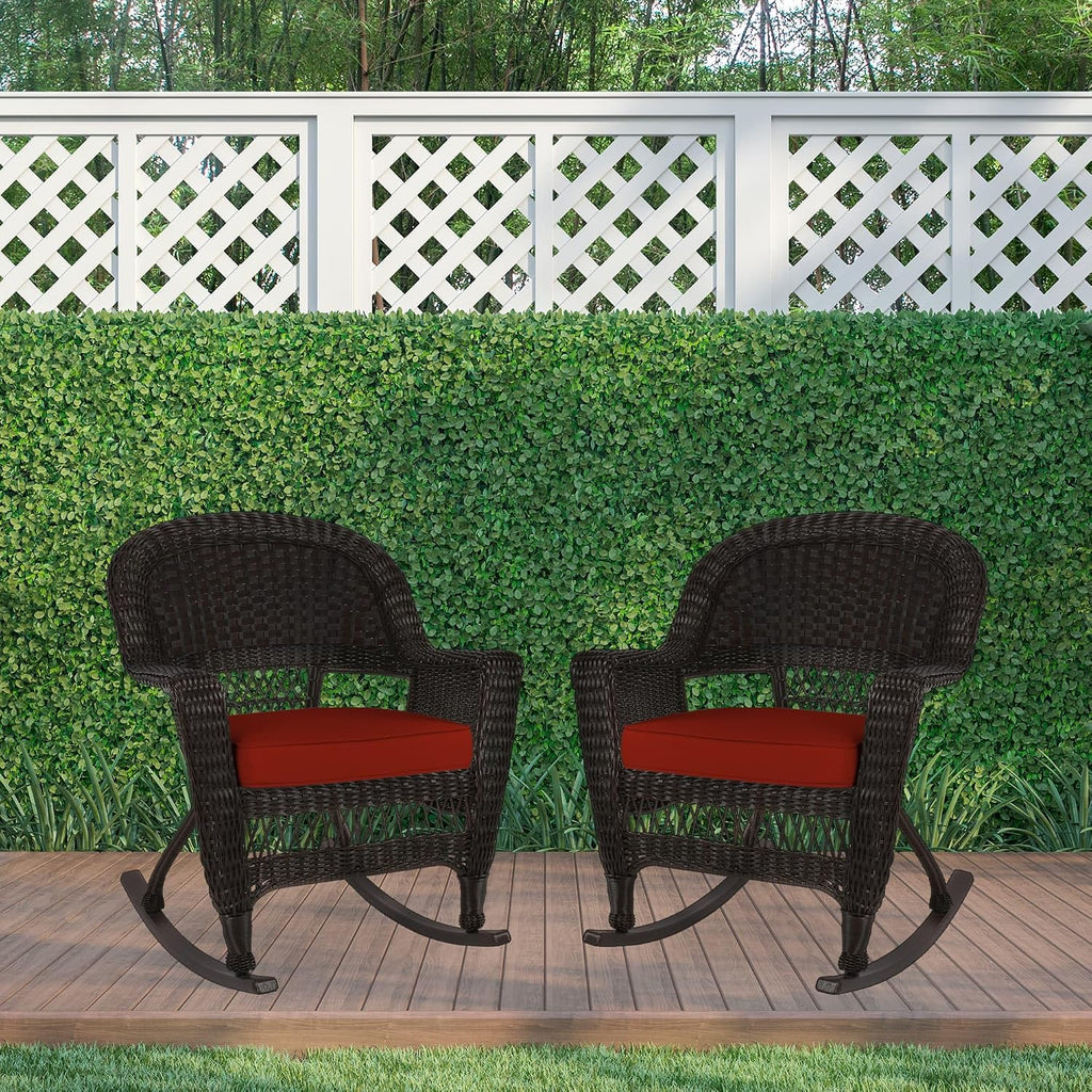 Jeco Rocker Wicker Chair with Red Cushion, Set of 2, Espresso