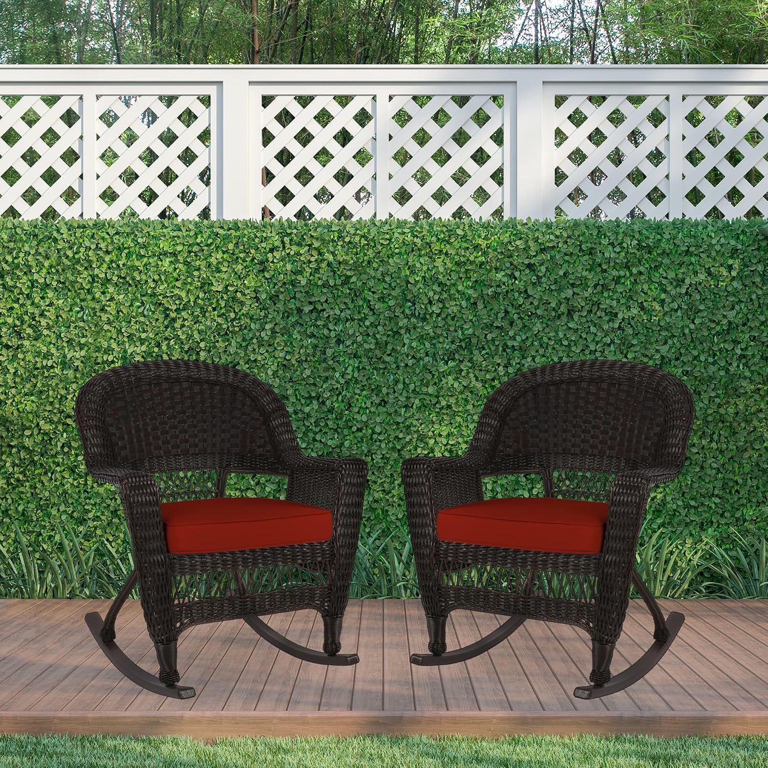 Jeco Rocker Wicker Chair with Red Cushion, Set of 2, Espresso