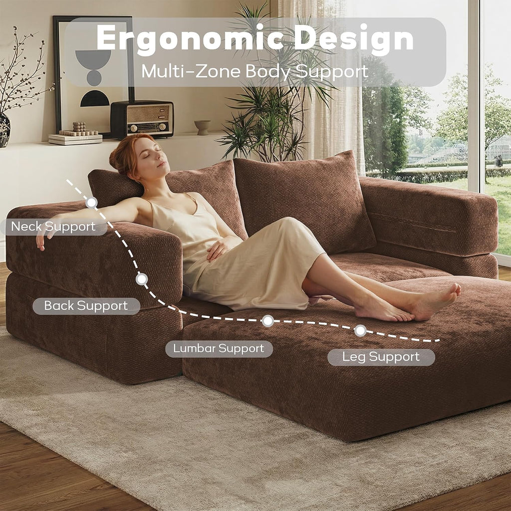 75'' Folding Convertible Sofa Bed with Large Pillow, 4-in-1 Foldable Pull Out Futon Sofa Bed, Chenille Boneless Mattress Couch, No Assembly Floor Sleeper Sofa Bed for Living Room/Bedroom, Caramel