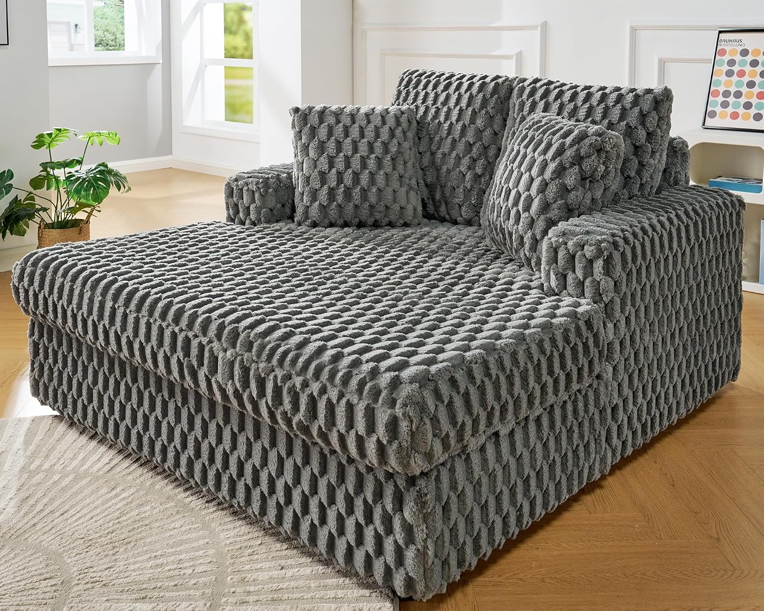 VanAcc 58 Inch Chaise Lounge Indoor, Upholstered Sofa Bed with Throw Pillows and Armrests, Sleeper Bed- Plush Lounge Chair for Living Room, Ash Grey