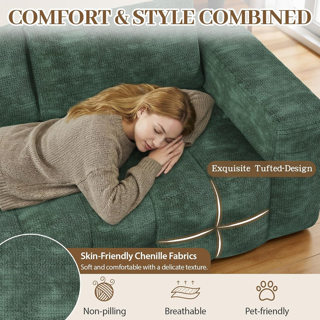 EROMMY 76'' Boneless Couch, 3 Seater Cloud for Living Room, Oversize Loveseat Sofa with Wide Armrest and 2 Back Support, No Assembly Required Chenille Soft Sofa, Dark Green