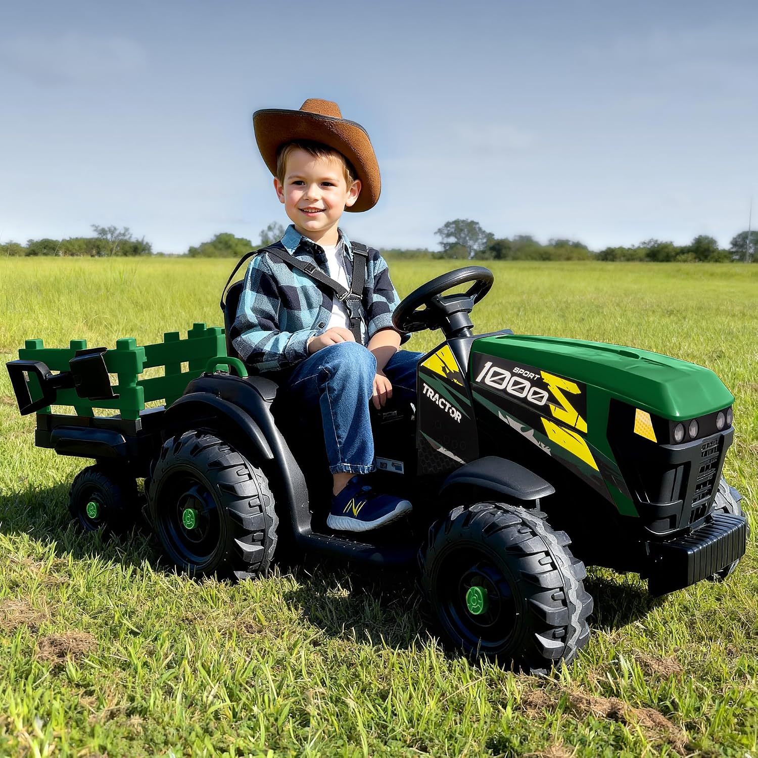 Hikiddo 24V Kids Ride on Tractor Toy, Electric Tractor for Kids 3-8 with Trailer, 2x200W Motors - Green