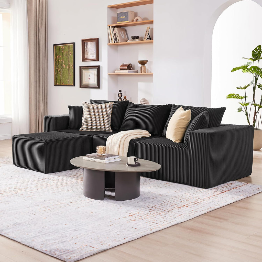Cloud Couch Sectional, Modular Sofa with Deep Seat, Plush Corduroy U Shaped Boneless Couch, Convertible Sectional Couches for Living Room (Black, 3 Seater & 1 Ottoman)