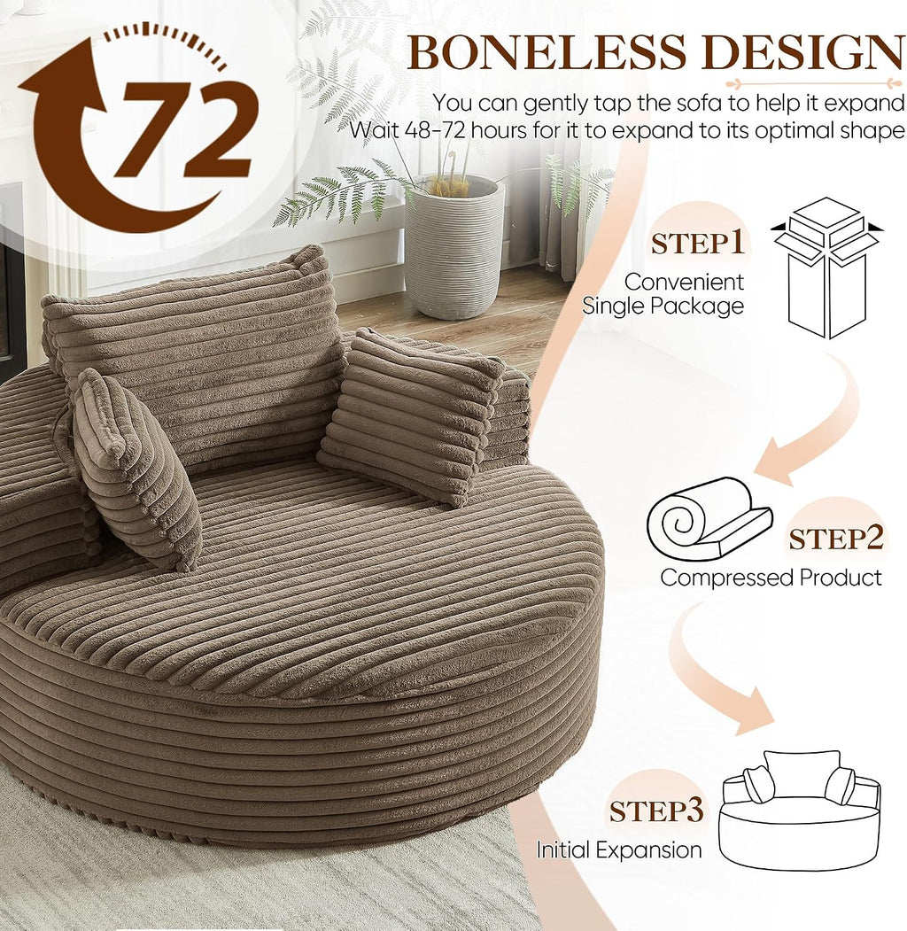 Oversized Round Chaise Longue Chair Indoor, Modern 55-inch Upholstered Corduroy Deep Seat Circle Single Cloud Lounge Floor Sofa Chair for Living Room, Bedroom Apartment, Brown