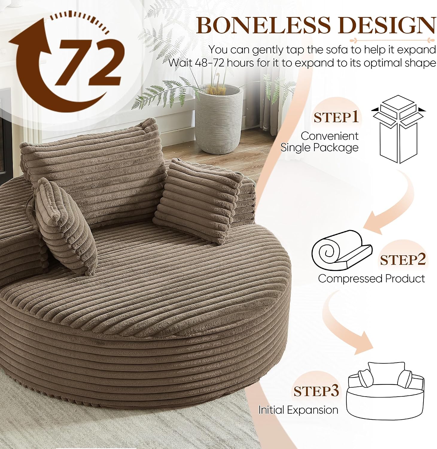 Oversized Round Chaise Longue Chair Indoor, Modern 55-inch Upholstered Corduroy Deep Seat Circle Single Cloud Lounge Floor Sofa Chair for Living Room, Bedroom Apartment, Brown