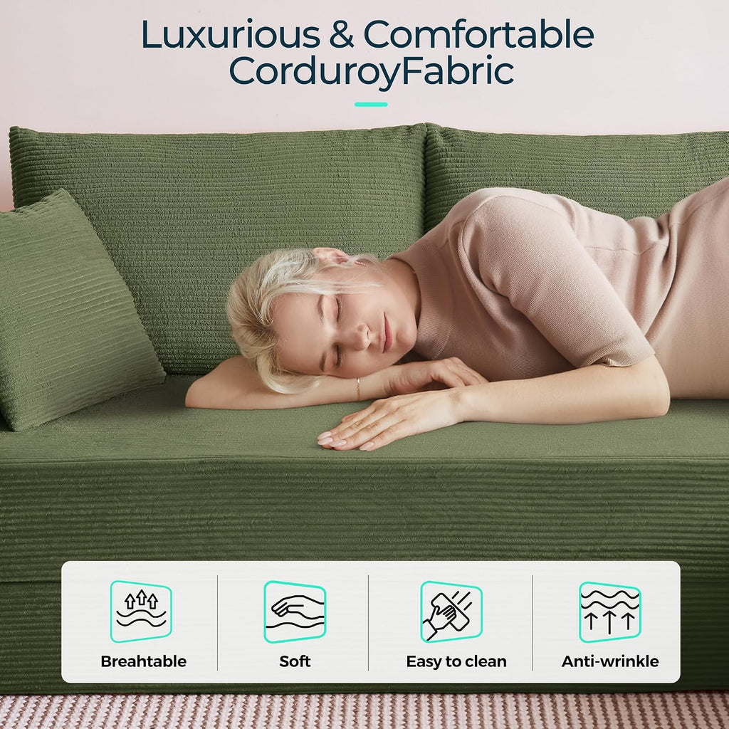 LINSY HOME Oversized Convertible Sofa Bed with 2 Pillows & Ottoman, Corduroy Boneless Couch Folding Modular Sleeper Sofa, L Shaped Couch Floor Sofa for Living Room Apartment, Upgrade Backrest (Green)