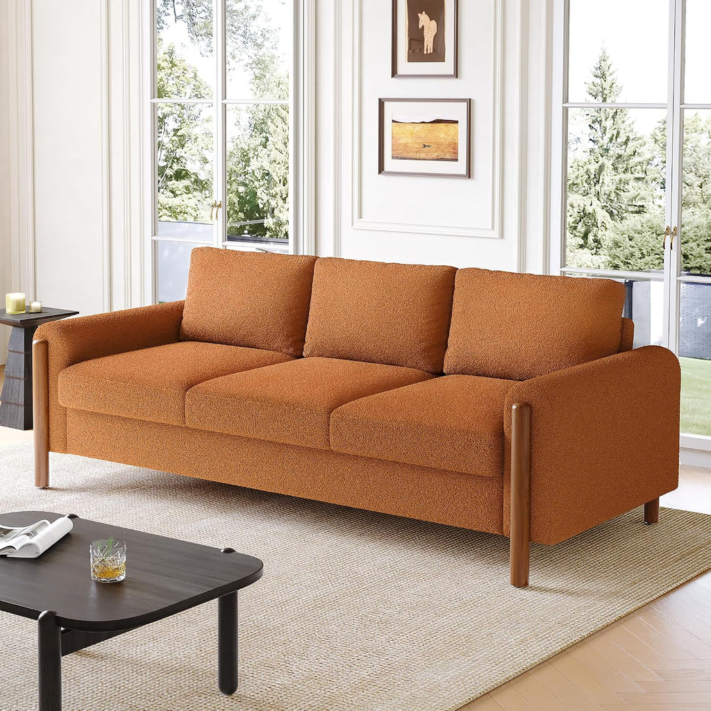 Christopher Knight Home Yadil Teddy Fleece Upholstered 3 Seater Sofa Couch, Wooden Home Sofa Living Room, Comfy Cloud Couch for Bedroom, Home Office, Orange