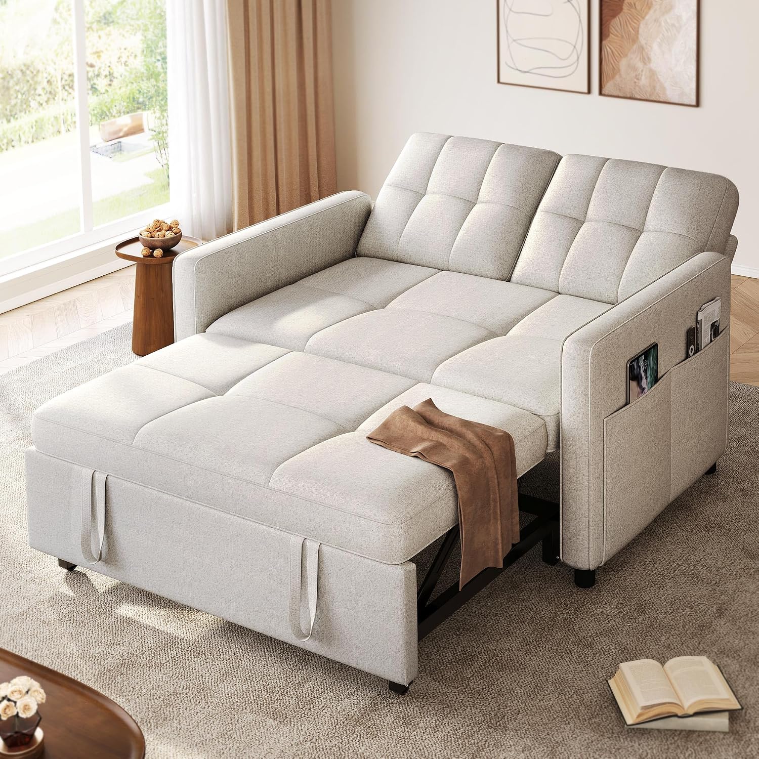 DWVO 55' Convertible Sofa Bed, 3-in-1 Sleeper Sofa with Pull-Out Bed, Linen Futon Couch with Adjustable Backrest and Side Pocket, Modern Loveseat for Living Room Apartment, Light Beige