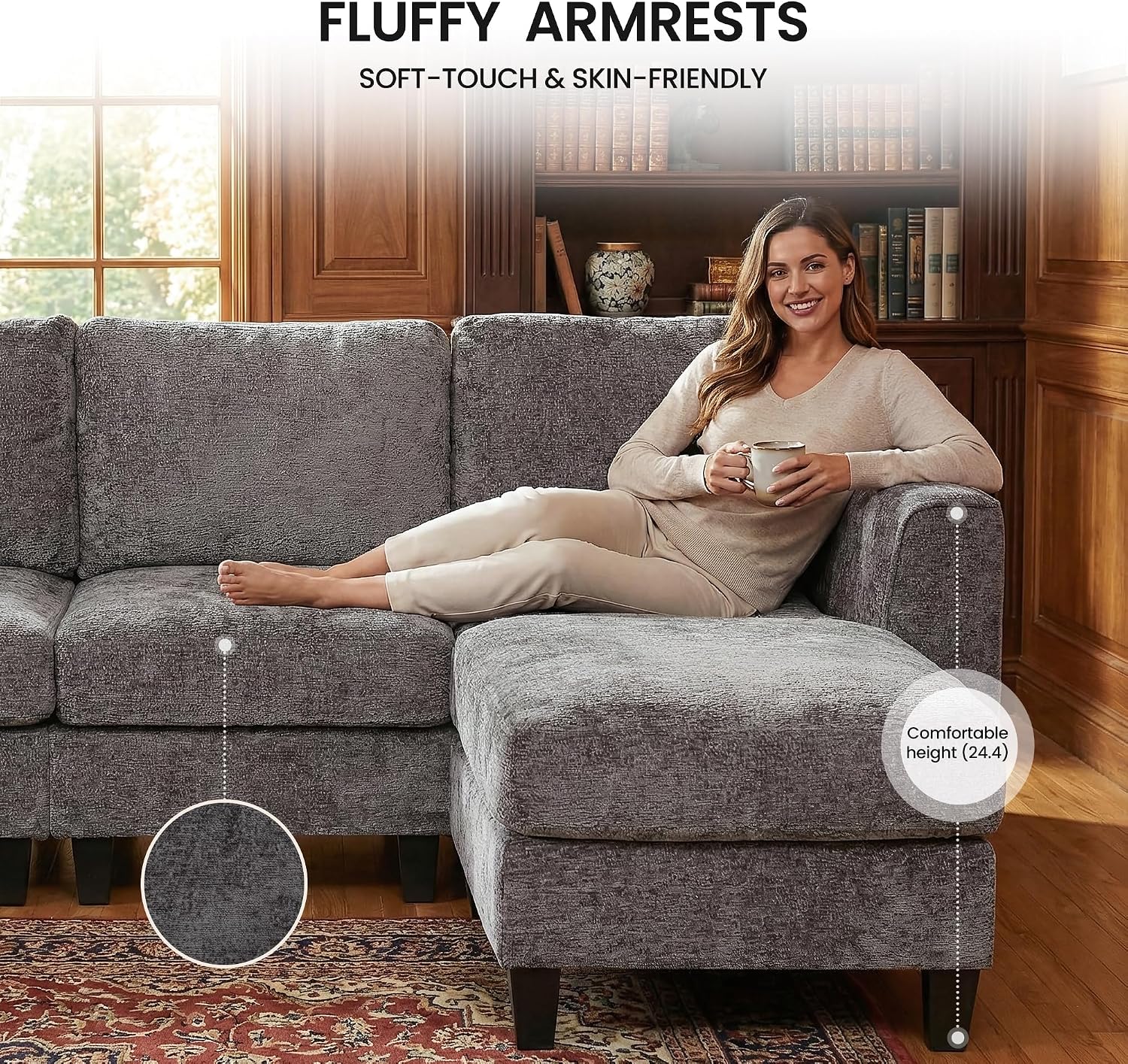 MALOL 118' Sectional U-Shaped Cloud Couch, Modular Modern 4-Seat Sofa, with USB Type C Ports, Foldable Side Table and 2 Ottomans, for Home Living Room, Grey