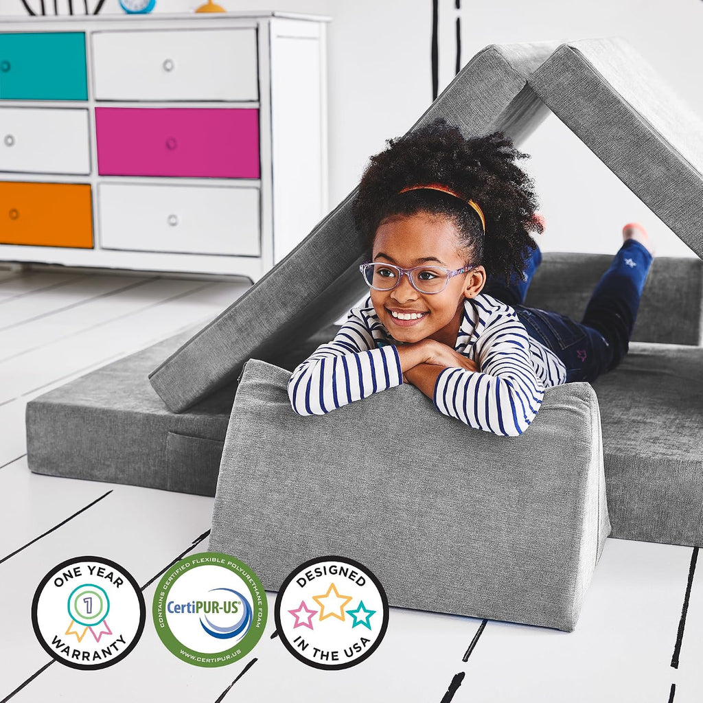 Yourigami Kids and Toddler Play Couch, Convertible Folding Sofa, Durable Foam Modular Design, Mountain Gray
