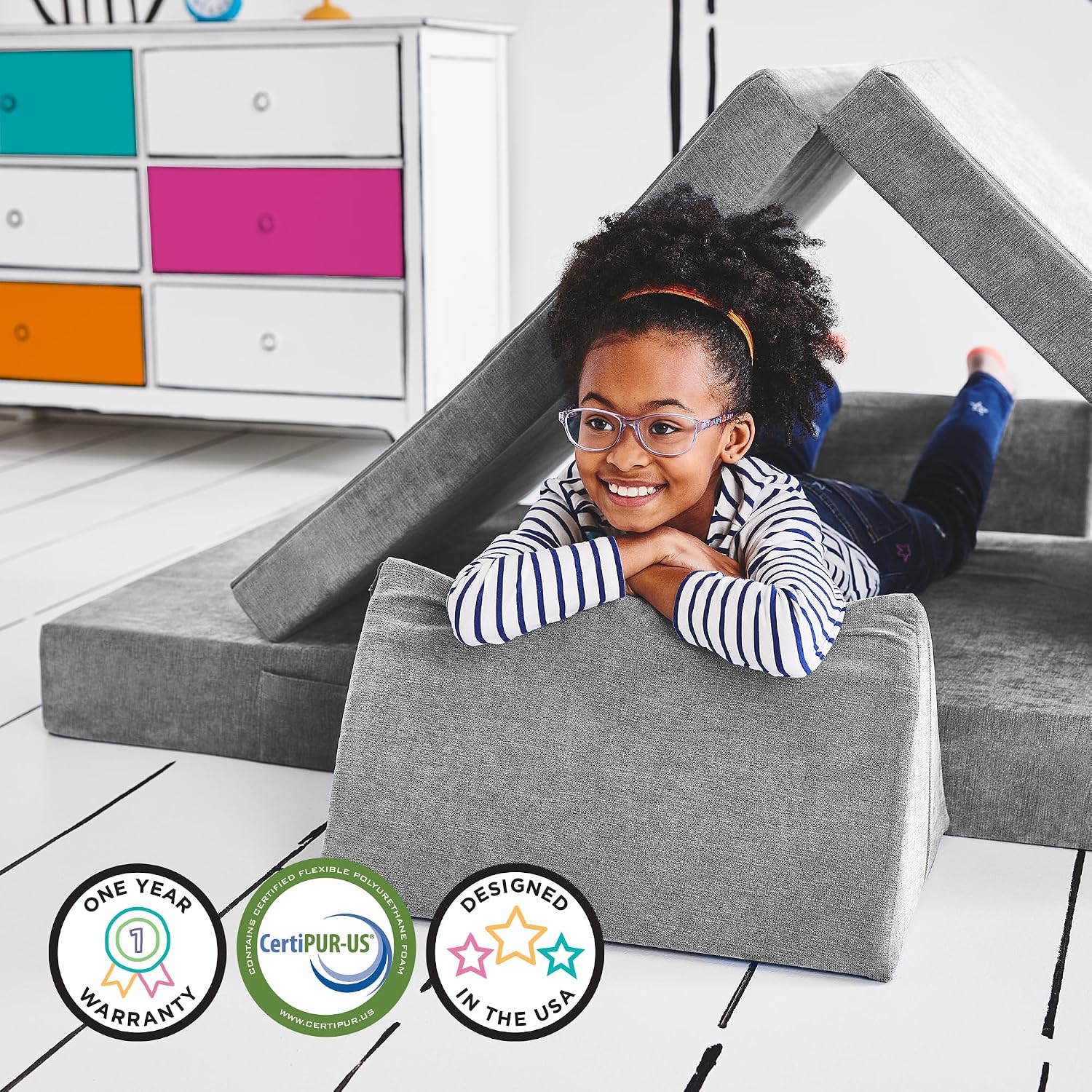 Yourigami Kids and Toddler Play Couch, Convertible Folding Sofa, Durable Foam Modular Design, Mountain Gray