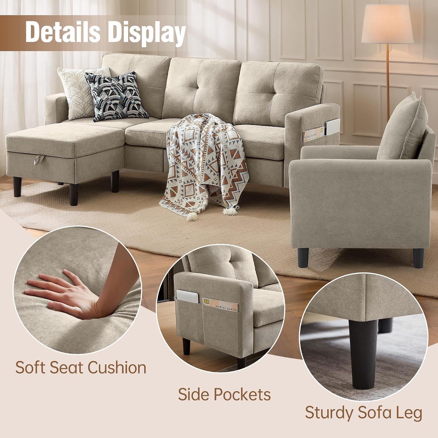 3 Piece Living Room Sofa Sets, Modern 3 Seater Sofa with Storage Ottoman and 2 PSC Armchair Couch Sets, Easy Assembly, Modern 5 Seat Sectional Couches for Living Room, Office,Beige