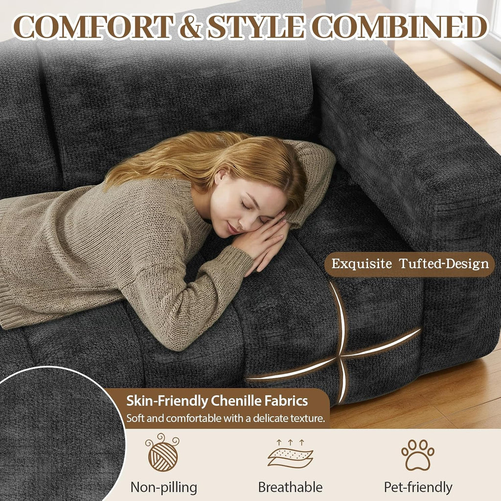 EROMMY 76'' Boneless Couch, 3 Seater Cloud for Living Room, Oversize Loveseat Sofa with Wide Armrest and 2 Back Support, No Assembly Required Chenille Soft Sofa, Black