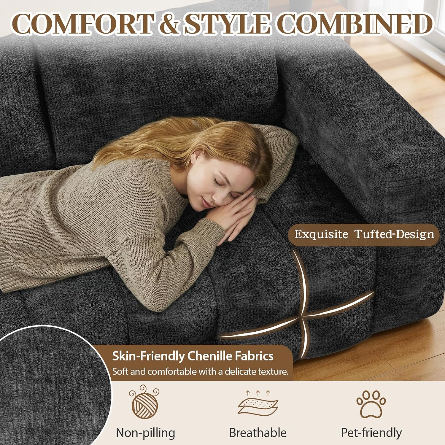EROMMY 76'' Boneless Couch, 3 Seater Cloud for Living Room, Oversize Loveseat Sofa with Wide Armrest and 2 Back Support, No Assembly Required Chenille Soft Sofa, Black