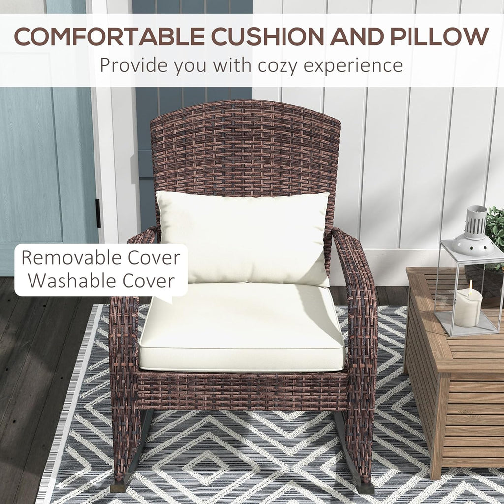 Outsunny Outdoor Wicker Adirondack Rocking Chair, Patio Rattan Rocker Chair with High Back, Seat Cushion, and Pillow for Garden, Porch, Balcony, Cream White